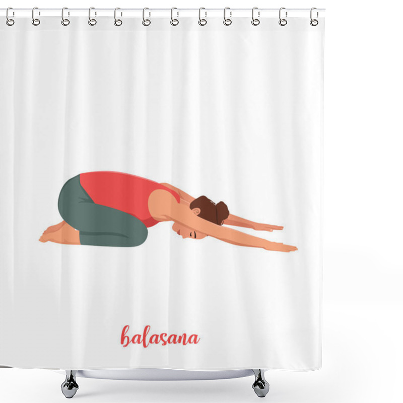 Personality  Woman Doing Yoga Pose. Balasana. Flat Vector Illustration Isolated On White Background Shower Curtains