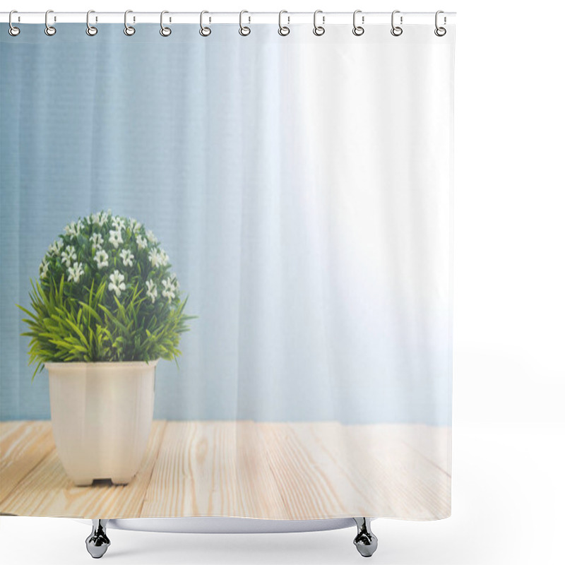 Personality  Little Decorative Tree And Flower Bouquet In White Vase On Woode Shower Curtains