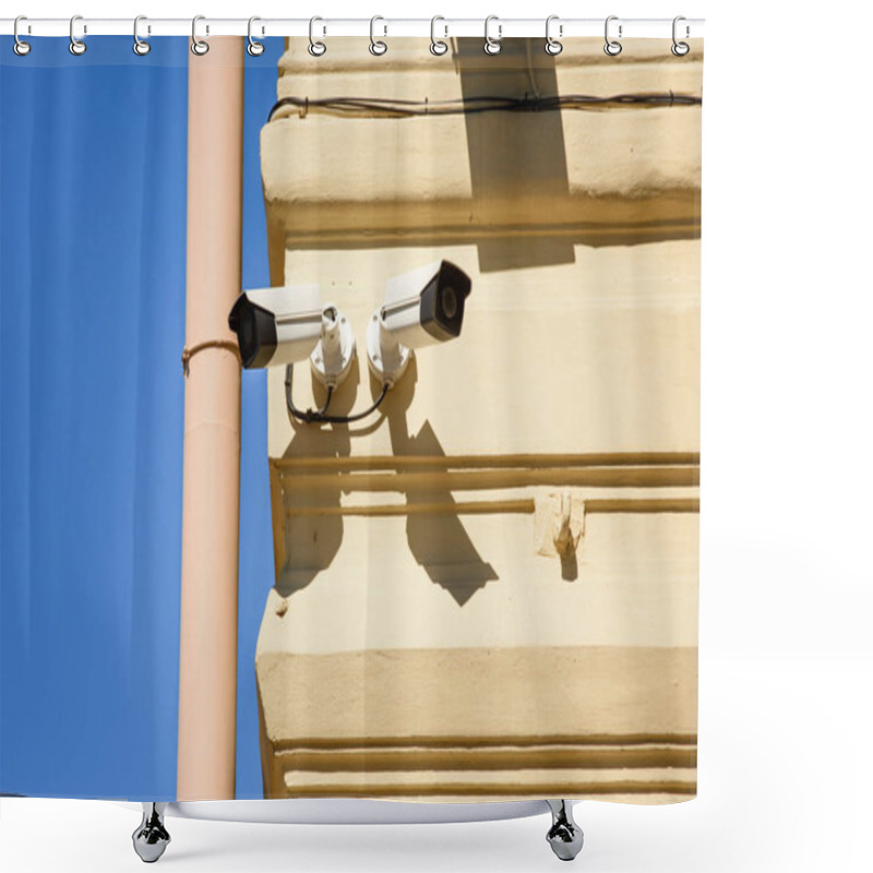 Personality  Close Up View Of Security Cameras On Yellow Building Facade  Shower Curtains