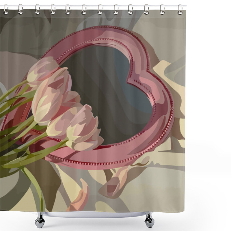 Personality  Pink Tulips With A Mirror Lying On The Bed. Vector Romantic Illustration Shower Curtains