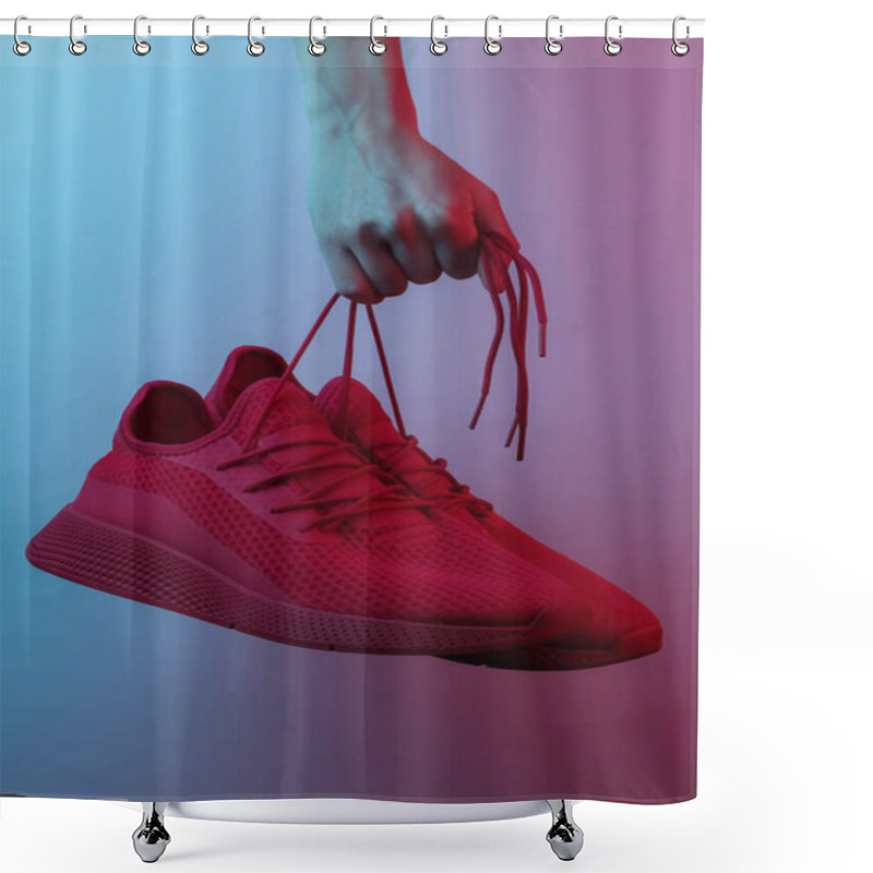 Personality  Female Hand Holds Red Sports Sneakers By The Laces. Creative Pop Art Pink Blue Neon Color. Trendy Gradient Illumination. Night Light Shower Curtains