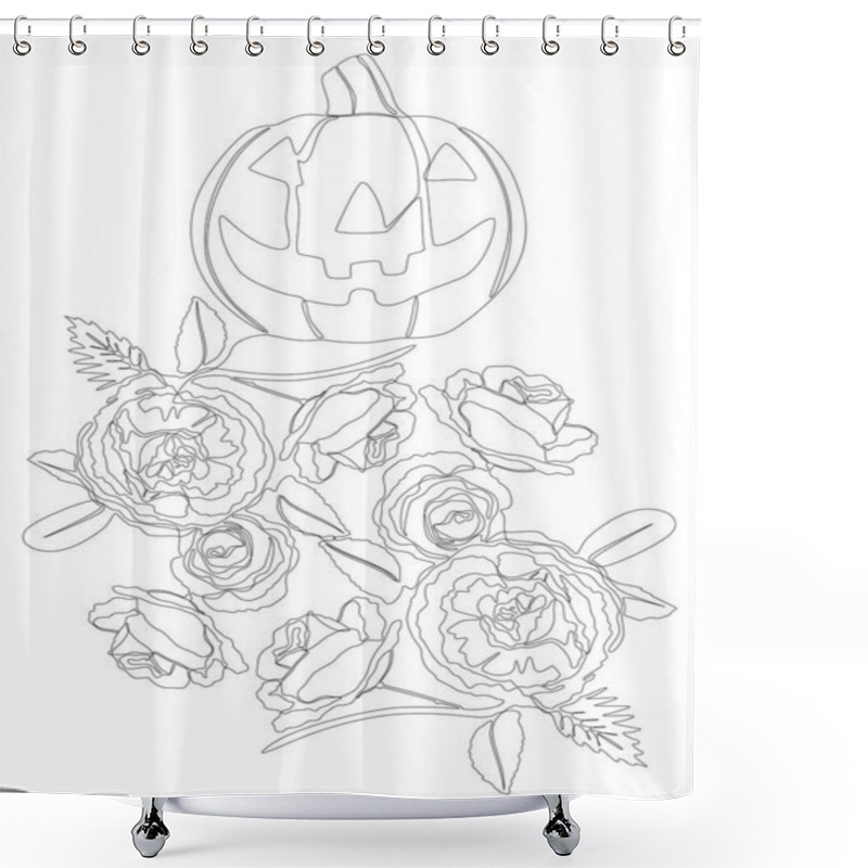 Personality  One Continuous Line Of Jack O' Lantern With Rose Flowers. Thin Line Illustration Vector Concept. Contour Drawing Creative Ideas. Shower Curtains