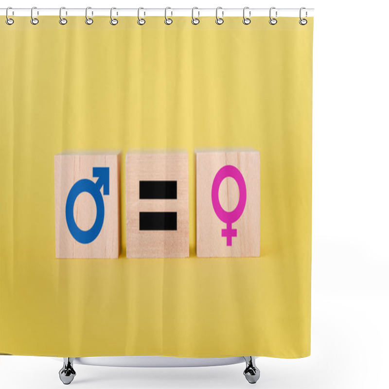 Personality  Male And Female Icon Symbols On Wooden Blocks Against Yellow Background. Flat Lay View. Shower Curtains