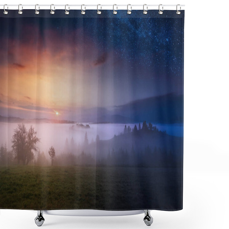 Personality  Day And Night. Carpathian Foggy Mountain Valley. Fairytale Conceptual Landscape. Shower Curtains