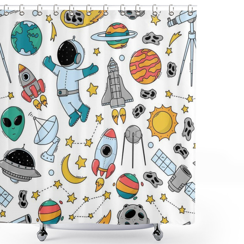 Personality  Kids Space Doodles Seamless Pattern For Wallpaper, Wrapping Paper, Scrapbooking, Stationery, Bedding, Textile Prints, Planners, Backgrounds, Etc. EPS 10 Shower Curtains