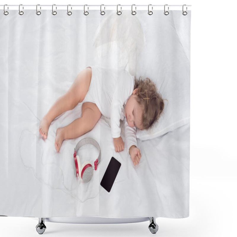 Personality  Little Angel With Wings Lying On Bed With Headphones And Smartphone Shower Curtains