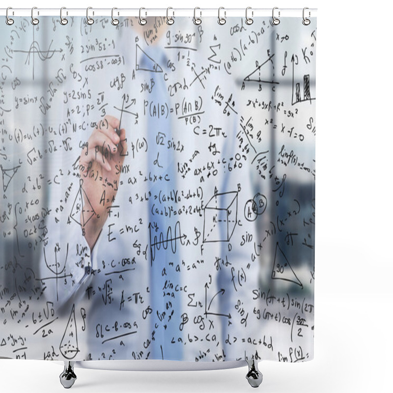 Personality  Quantitative Analyst Is Drawing Different Math Formulas On The Glass Screen. A Concept Of Professional Financial Consulting Services. Shower Curtains