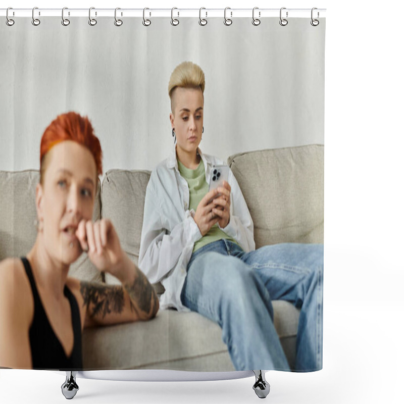 Personality  Two People, A Lesbian Couple With Short Hair, Sit On A Couch Absorbed In Phone, Disconnected From Each Other. Shower Curtains