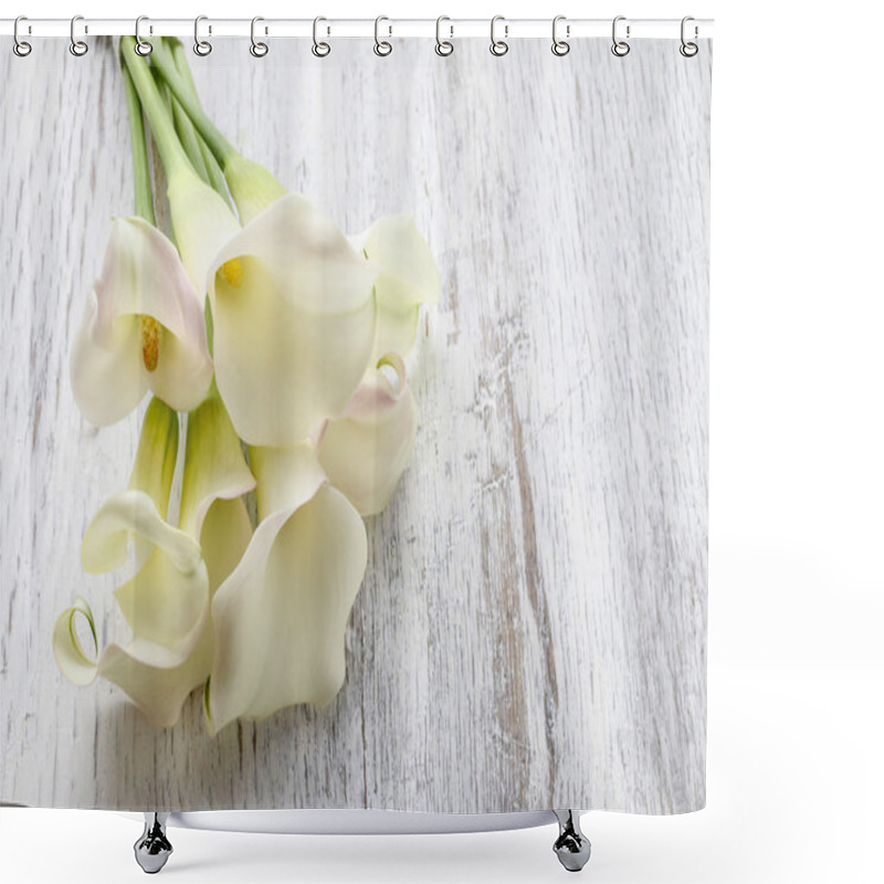 Personality  Bouquet Of White Calla Flowers (Zantedeschia) On White Wooden Ta Shower Curtains