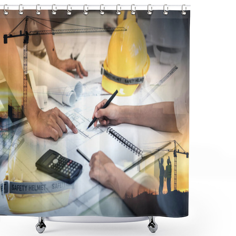 Personality  Civil Engineer Jobs, Double Exposure Of Project Management Team And Construction Site With Tower Crane Background, Engineer Designer Consultant And Architecture Team Concept. Shower Curtains