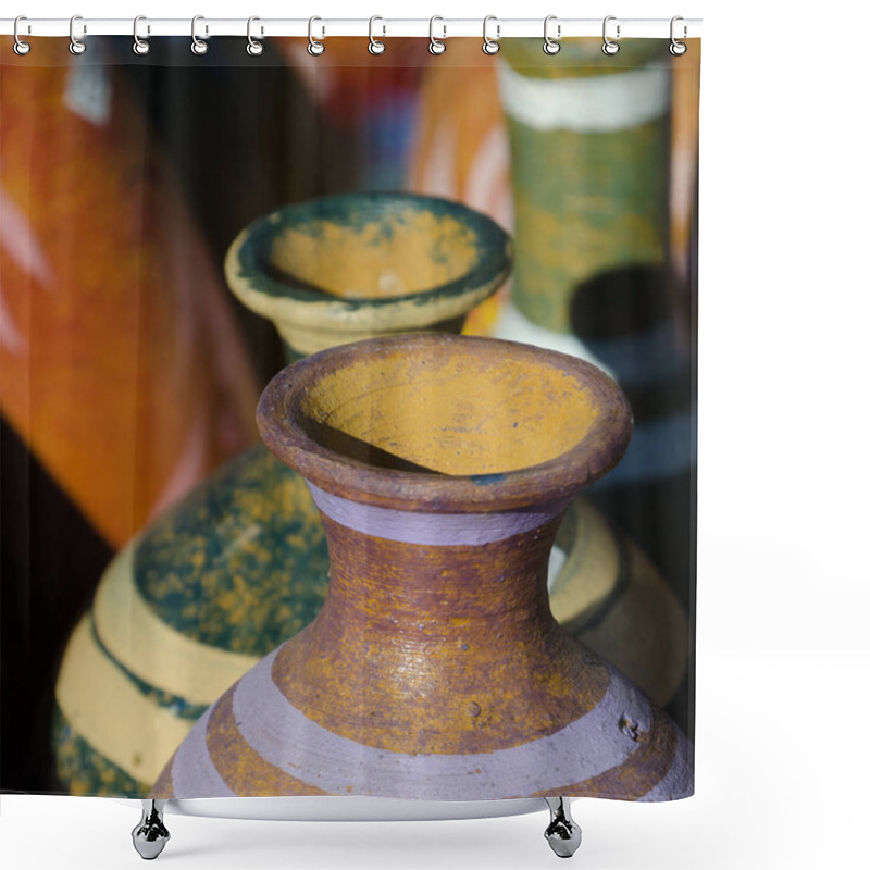 Personality  Mexican Ceramic Pots With Tall Necks In Market At Old Town Shower Curtains