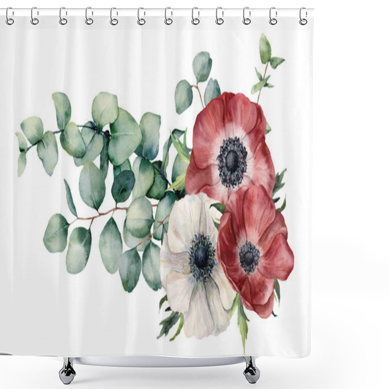 Personality  Watercolor Asymmetric Bouquet With Anemone And Eucalyptus. Hand Painted Red And White Flowers, Eucalyptus Leaves And Branch Isolated On White Background. Illustration For Design, Print Or Background. Shower Curtains