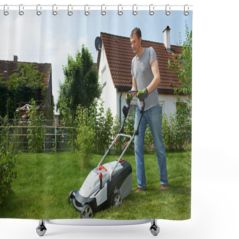 Personality  Man Mowing Lawn In Backyard Shower Curtains