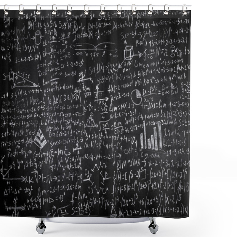 Personality  Blackboard Inscribed With Scientific Formulas And Calculations In Physics And Mathematics, Background Image Shower Curtains