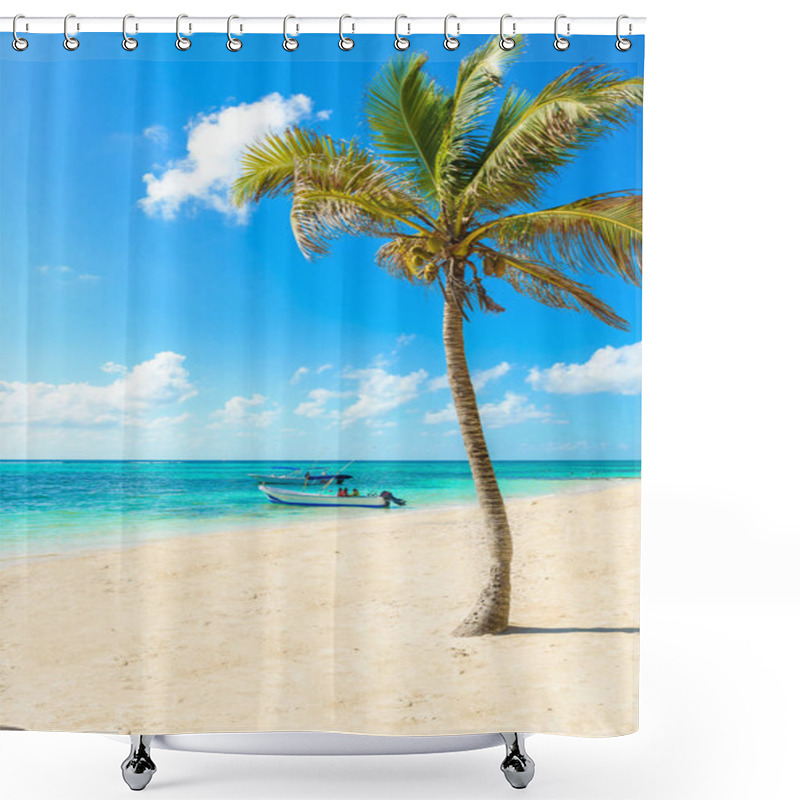 Personality  Akumal Beach With Boats And Tourists, Mexico. Shower Curtains