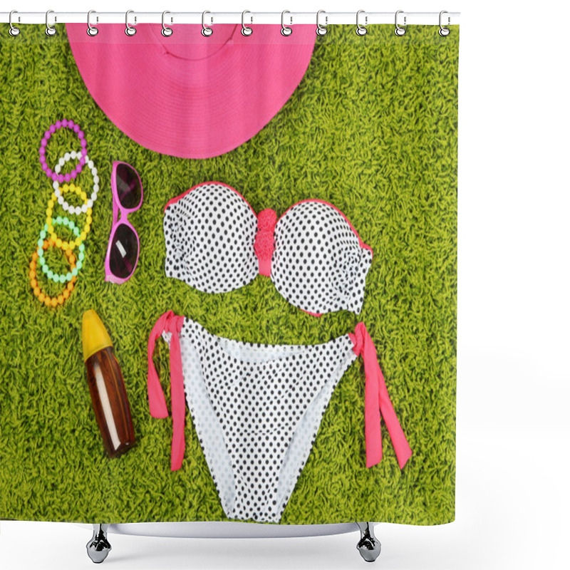 Personality  Swimsuit And Beach Items On Green Background Shower Curtains