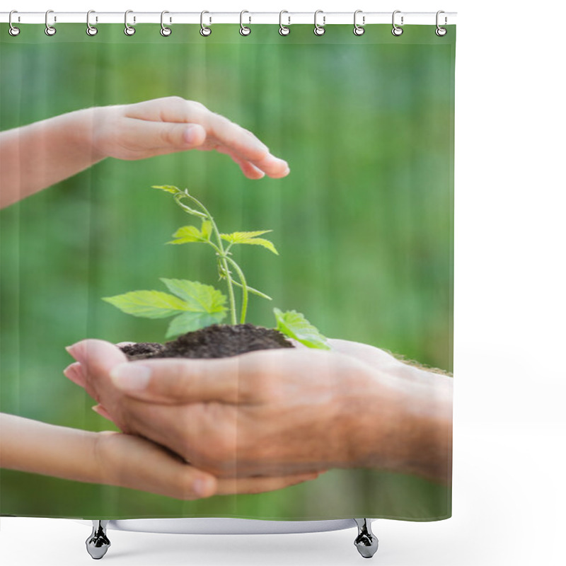 Personality  Young Plant In Hands Against Green Background Shower Curtains