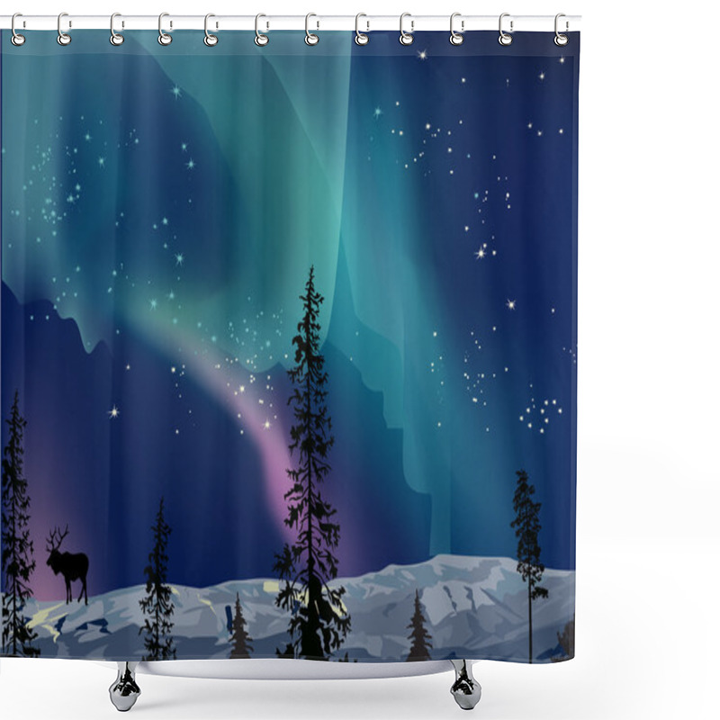 Personality  Illustration With Deer At Aurora Borealis Shower Curtains