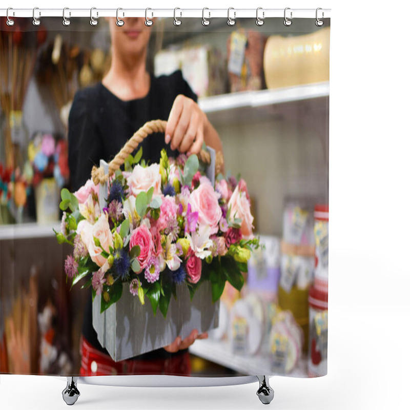 Personality  Woman With Fresh Flowers. Womens Day 8 March. Flower Bouquet In The Hands Of A Woman. Shower Curtains