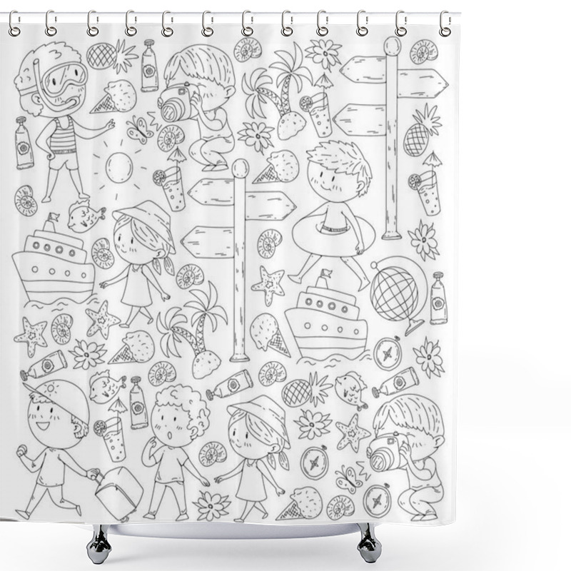 Personality  Happy Children Playing At Seashore, Beach, Sea, Ocean. Kids Vacation And Travelling. Coloring Page, Book. Shower Curtains