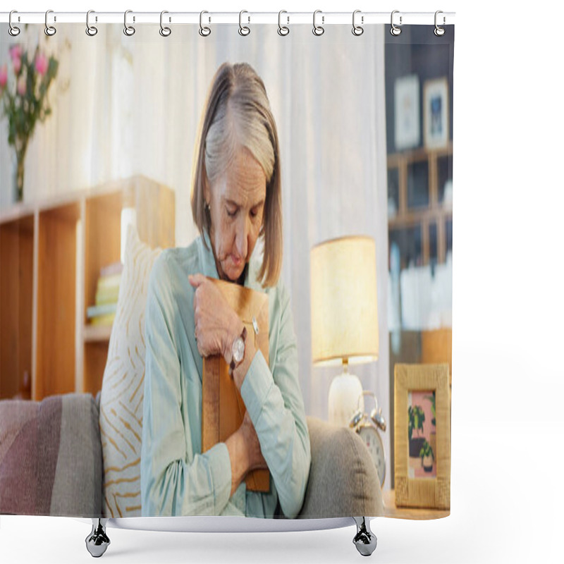 Personality  Senior Woman, Picture And Sad With Grief For Mourning, Memory And Remember Past Life In Nursing Home. Elderly Widow, Hug And Photo Frame For Depression With Mental Health, Nostalgia And Retirement. Shower Curtains