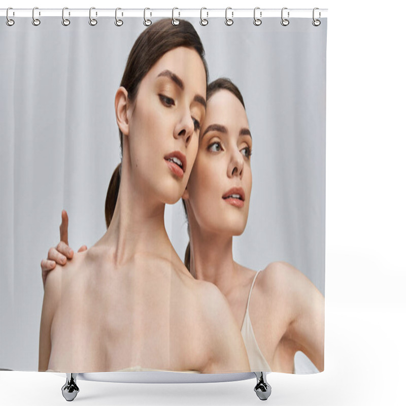 Personality  Twin Sisters Exude Beauty And Harmony While Posing Closely In A Soft Lit Space. Shower Curtains