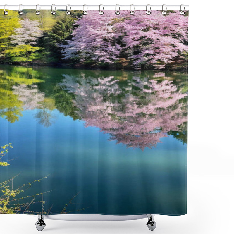 Personality  A Tranquil Scene Of A Kayaker Taking In The Beauty Of Blooming Riverside Trees, Their Branches Reaching Over The Water, Reflecting On The Glass-like Surface. Shower Curtains