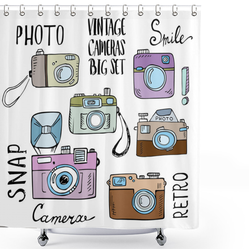 Personality  Hand Drawn Set Of Retro Cameras With Lettering Shower Curtains