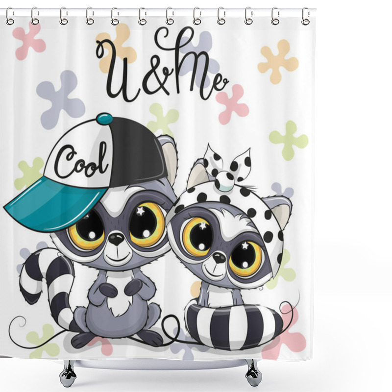 Personality  Two Cute Cartoon Raccoons Boy And Girl With Cap And Bow Shower Curtains