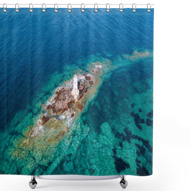 Personality  Mangiabarche Lighthouse, Sant Antioco, Sardinia, Italy. Aerial View Shower Curtains