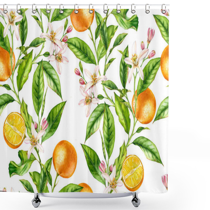 Personality  Orange Fruit Seamless Pattern Tree Branch With Flowers Realistic Botanical Floral Surface Design: Whole Half Citrus Leaves Isolated On White Hand Drawn For Textile Wallpaper Shower Curtains