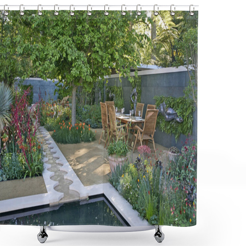 Personality  Summer In A Modern Garden With Outdoor Dining Around A Pool And Flower Borders Shower Curtains