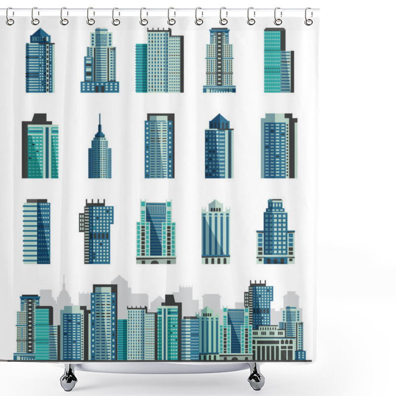 Personality  Building Skyscraper Or City Skyline Vector Set Cityscape With Business Officebuilding Of Commercial Company And Build Architecture To High Sky Illustration Isolated On White Background Shower Curtains