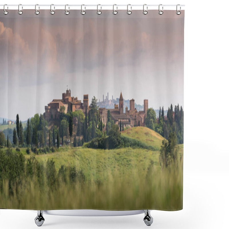 Personality  Scenic Panorama Of Medieval Village Of Certaldo Old Town, Italy, With San Gimignano Towers In The Background, Typical Italian And Tuscany Countryside Landscape   Shower Curtains