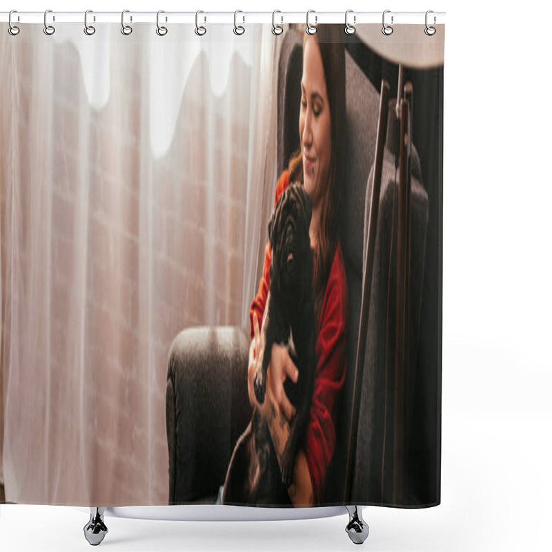 Personality  Smiling Girl Holding Pug Dog In Armchair At Home, Panoramic Shot Shower Curtains