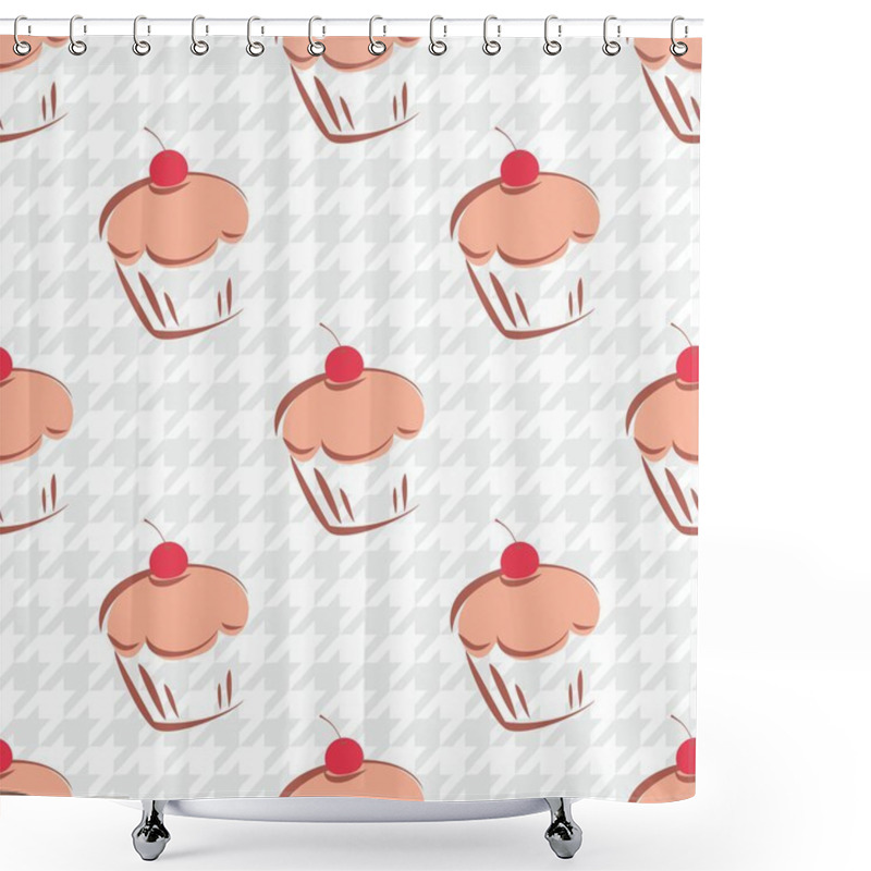 Personality  Tile Vector Background With Cherry Cupcake On White And Grey Houndstooth Pattern Shower Curtains