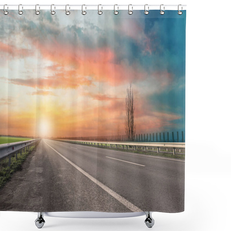 Personality  Road Trip. Beautiful View Of Asphalt Highway At Sunset  Shower Curtains