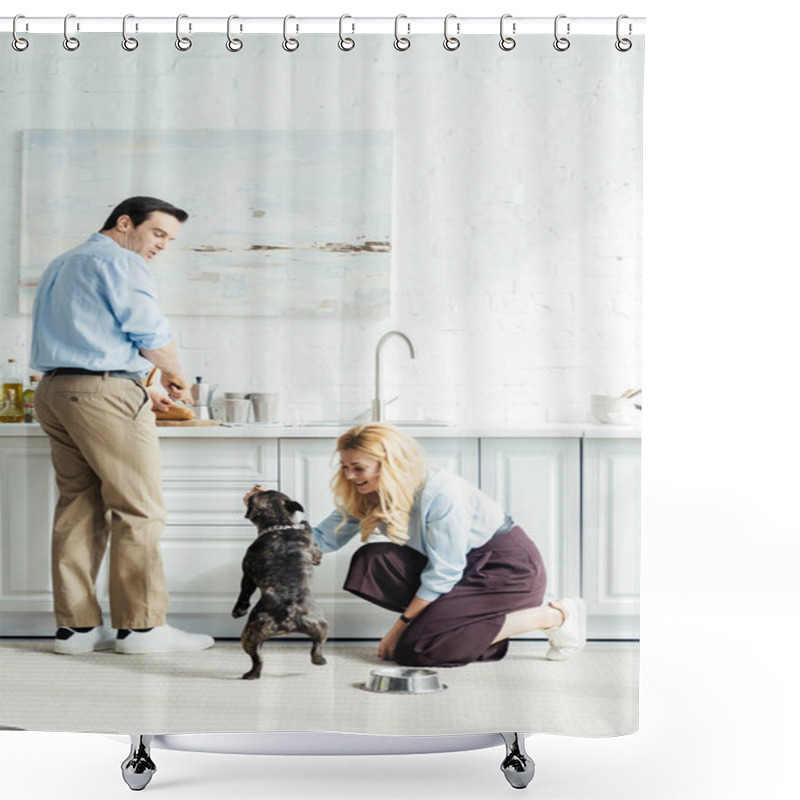 Personality  Man Preparing Food And Woman Playing With French Bulldog On Kitchen Floor Shower Curtains