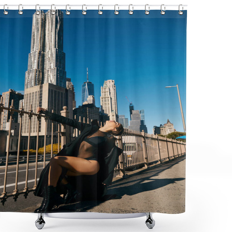 Personality  A Young Woman Dances On A New York City Bridge, With The Citys Skyline In The Background. Shower Curtains