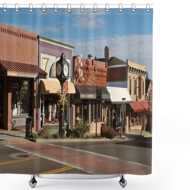 Personality  Grass Valley, California, USA: Main Street With A Clock Tower, Clock Tower Records, Sierra Star Winery, And Pete's Pizza. Grass Valley Is A Gold Rush Town In The Sierra Nevada Foothills. Shower Curtains