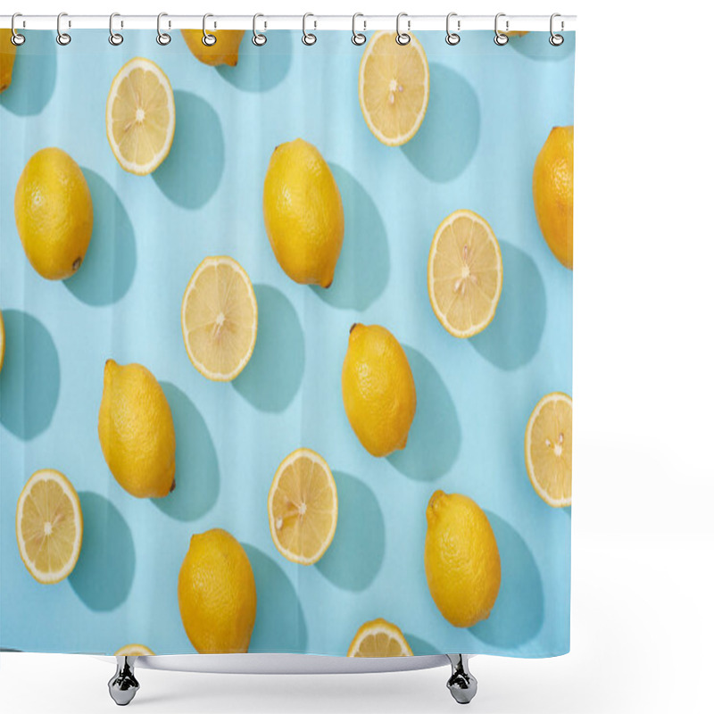 Personality  Top View Of Whole And Cut Yellow Lemons On Blue Background Shower Curtains