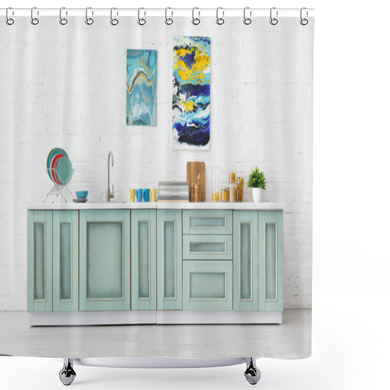 Personality  Modern White And Turquoise Kitchen Interior With Kitchenware And Abstract Paintings On Brick Wall Shower Curtains