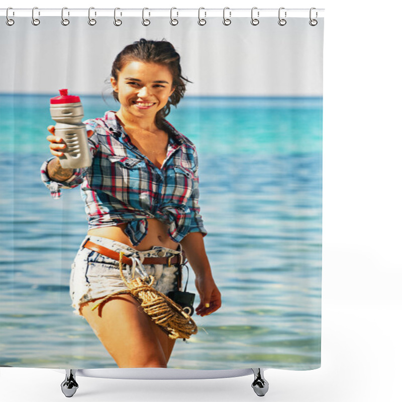 Personality  Healthy Lifestyle Concept. Healthy Hiker Girl Drinking Water In Blue Sea . Shower Curtains