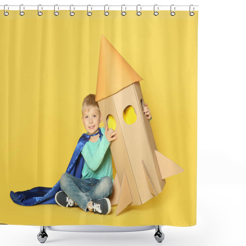 Personality  Little Child In Cape Playing With Rocket Made Of Cardboard Box On Yellow Background Shower Curtains