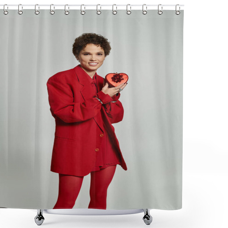 Personality  A Young Woman In A Striking Red Outfit Beams Joyfully While Holding A Heart Shaped Gift. Shower Curtains