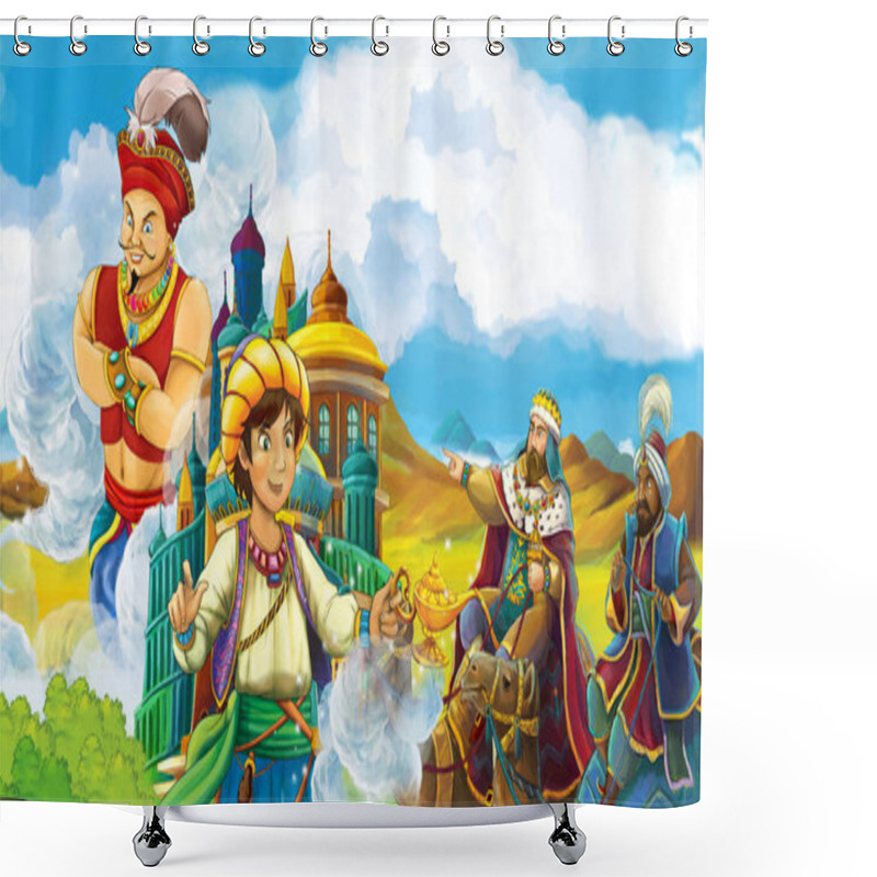 Personality  Cartoon Scene With Prince Or Magician Looking At Travelers On Camels In The Background - Sorcerer Is Flying Over The City - Illustration For Children Shower Curtains