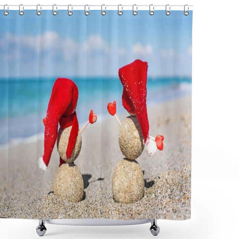 Personality  Sandy Snowmen On The Beach. New Years Holiday In Hot Countries Concept Shower Curtains