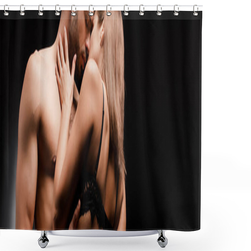 Personality  Panoramic Shot Of Shirtless Man With Closed Eyes Kissing Woman On Black  Shower Curtains