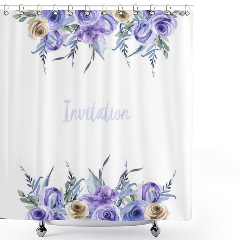 Personality  Watercolor Blue And Brown Roses And Plants Card Template, Invitation Card Design, Hand Painted On A White Background Shower Curtains