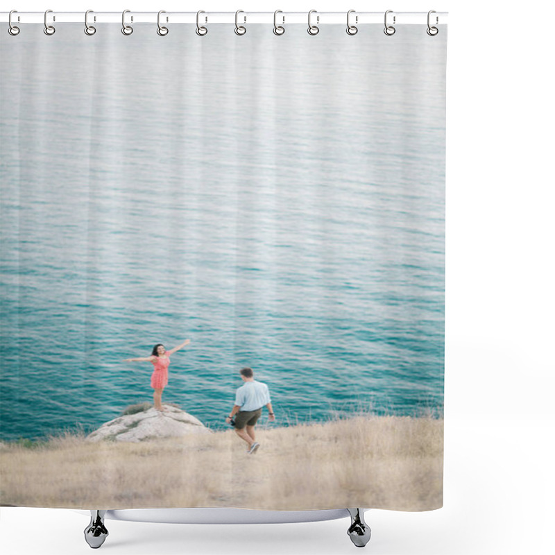 Personality  Young Stylish Couple In Love Walking In Mountains By The Sea. Vine Sunset Summer Mood Shower Curtains